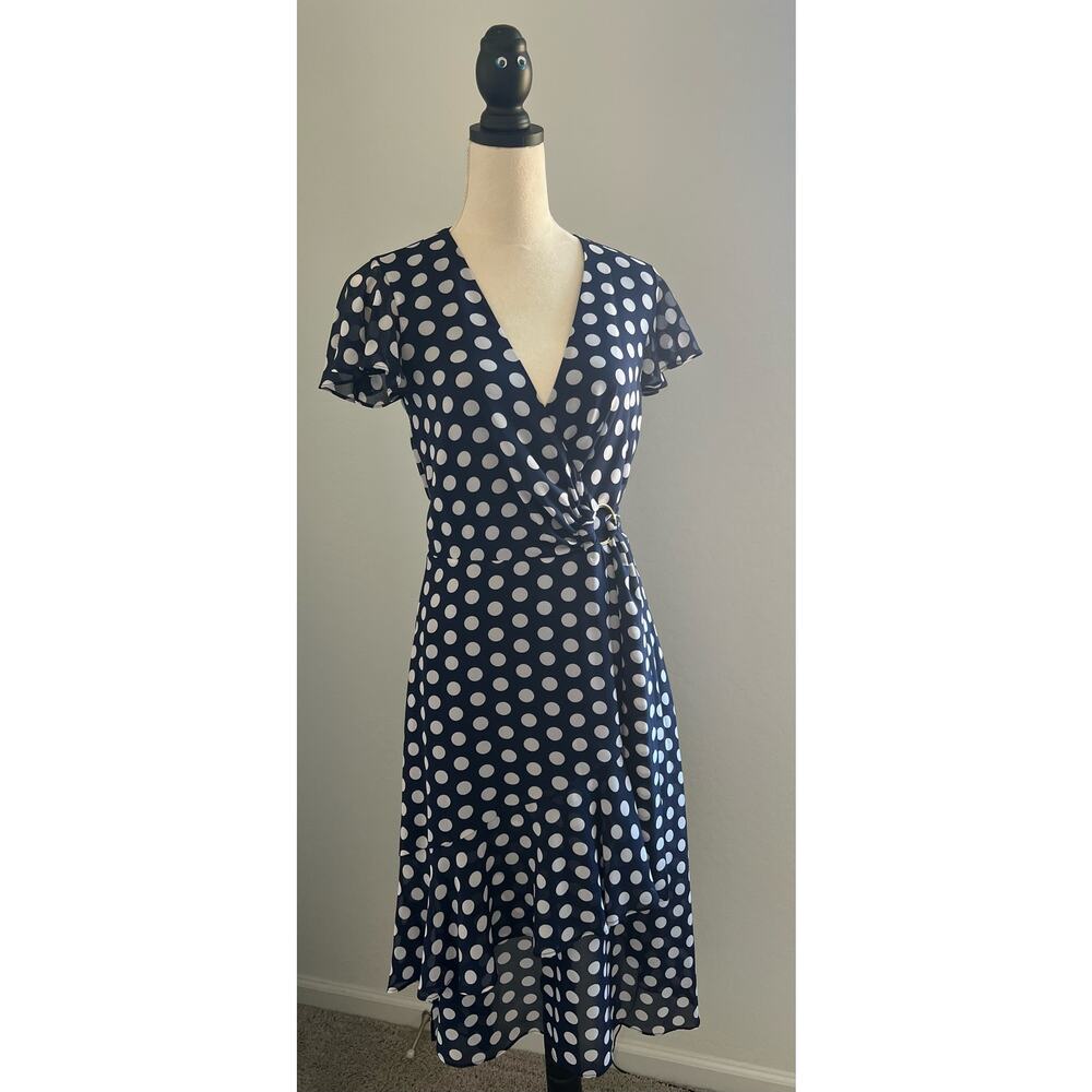 MICHAEL‎ KORS Navy Blue White Polka Dot Wrap Style Ruffled Hem Flowy Dress Sz S